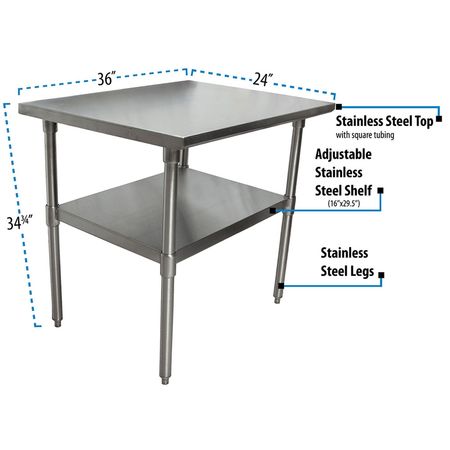Bk Resources Work Table 16/304 Stainless Steel With Stainless Steel Shelf 36"Wx24"D CVT-3624